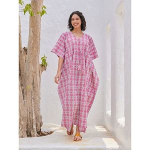<b>Pink</b> Pineapple Print <b>Kaftan</b> Dress V-Neck Loose Maxi Batwing Sleeve Cover-Up Breathable Woven 100% Polyester 1 Piece - Product Image 1
