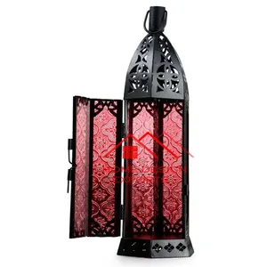 Black Finished Candle Lantern With Red Glass Design Hot Selling Lightning Accessories Arabic Design Candle Lantern