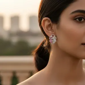 ต่างหูแบบติดหูทรงใบไม้ชุบทองคำขาวสไตล์วินเทจ ประดับด้วยทับทิม เพชร และมุก เหมาะสำหรับงานปาร์ตี้ งานหมั้น และโอกาสทางศาสนา ทำจากโลหะผสม - Product Image 3