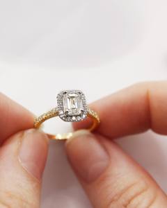 6x8mm <b>Emerald</b> Cut CZ Engagement <b>Ring</b> with Halo and Pave Band in Gold | Elegant Bridal Wedding Jewelry - Product Image 1