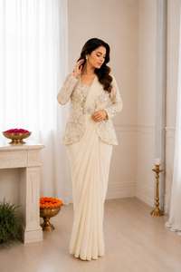 Sari de seda crepé con bordado de diseñador y cordón, listo para usar, con blusa y chaqueta, conjunto completamente cosido y listo para llevar. - Product Image 3
