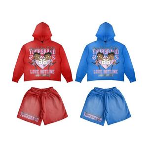Ensemble sweat-shirt à capuche court et short personnalisé délavé à l'acide streetwear unisexe délavé au soleil vêtements de sport à la mode ensemble de survêtements courts - Product Image 2