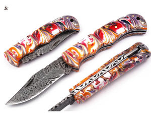 Navaja de bolsillo plegable de acero de Damasco OEM personalizada, cuchillos de supervivencia de caza táctica EDC para acampar al aire libre - Product Image 1