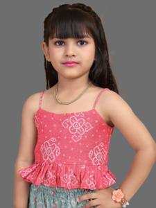 Ensemble Shoryam Fashion pour filles, haut court rose Bandhani et sharara gris - Vêtements ethniques pour enfants, style indo-occidental, fête, mariage, toutes saisons, 2 pièces - Product Image 5