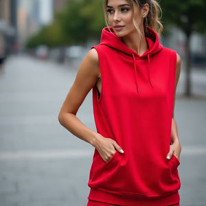 Sweat-shirt sans manches en polaire écologique pour femme, pour l'entraînement d'hiver, lourd, à cordon de serrage, coupe ample, design multi-panneaux - Hip Hop - Product Image 4