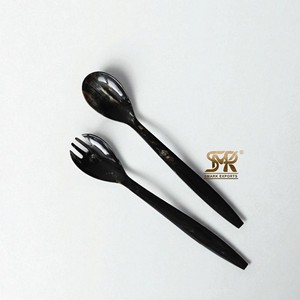 Ensemble cuillère et fourchette en corne écologique, manche long, passe au lave-vaisselle, pour salade, ustensiles naturels faits à la main pour la table de cuisine rustique - Product Image 2