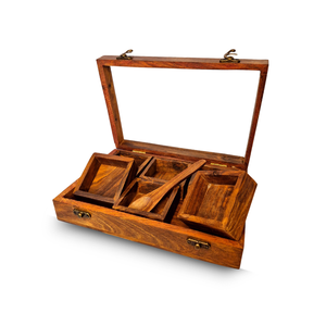 Organisateur d'épices rectangulaire en bois pour la maison, boîte de rangement pour épices style Masala Dabba avec couvercle. 9 compartiments avec dessus en verre, respectueux de l'environnement - Product Image 6