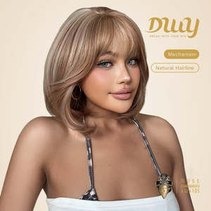 Cici-DWY MiraScalp Short-length <b>Bob</b> Synthetic <b>Wig</b> Light Brown with Blonde Highlights Glueless and Transparent Lace Color - Product Image 2
