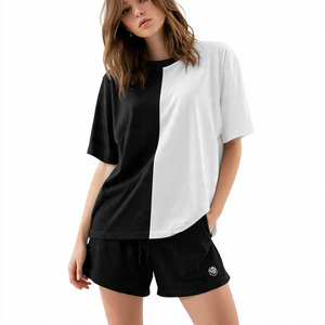 Camiseta de algodón de gran tamaño para mujer, conjuntos de pantalones cortos, Camiseta con hombros caídos, pantalones cortos con cordón, dos piezas para mujer - Product Image 6