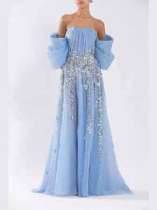 Robe de bal élégante et luxueuse en forme de A, technique de broderie à la main, robe de soirée sans manches, en tulle, décoration perlée pour les fêtes - Product Image 5