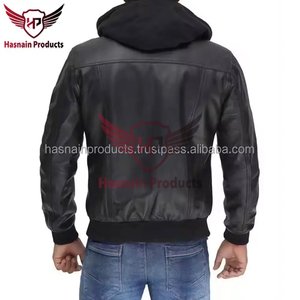 Veste bomber en cuir véritable noir pour homme avec capuche à cordon de serrage, double fermeture éclair et poches à rabat en peau de mouton, vêtement d'extérieur personnalisé pour l'hiver - Product Image 2