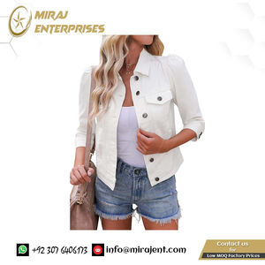 Chaquetas vaqueras recortadas transpirables para mujer, chaqueta universitaria elástica de 34 mangas abullonadas, chaqueta desgastada con bolsillos - Product Image 3