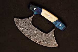 Couteau Ulu en acier damas fait à la main lame de chef de cuisine en acier inoxydable gaine en cuir véritable manche en bois bleu os bricolage OEM - Product Image 6