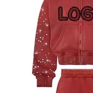 Personalizado ácido Rhinestone lavado hombres mujeres con capucha polar Chenille bordado y bolsillos invierno sudadera con pantalones de chándal conjunto - Product Image 4