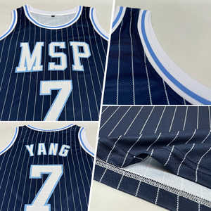 Personalizado azul marino blanco a rayas blanco-azul claro auténtico baloncesto Jersey BSCI venta al por mayor ropa deportiva baloncesto uniformes - Product Image 2