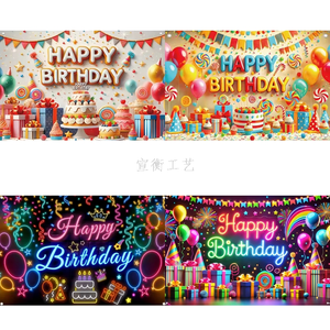 Bannière en tissu personnalisable noir et or Joyeux Anniversaire, accessoires photo, drapeau suspendu - Product Image 1