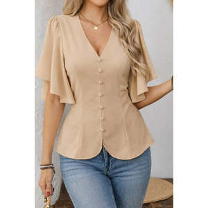 Blusa de Crepé Importada con Botones Delanteros y Manga Corta para Mujer, 37537 - Beige - Product Image 2
