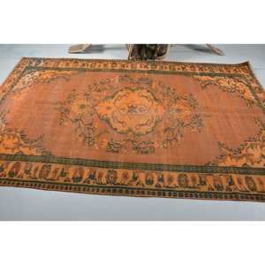 พรมตุรกีโบราณขนาด5.2x9ฟุตผ้าวูลสีเขียวส้มสานเรียบมีลวดลายปะติดสำหรับตกแต่งห้องนั่งเล่นหรือใช้ในห้องโถง - Product Image 3