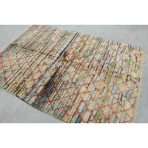 พรมตุรกีวินเทจขนาด 4.8x6.7 ฟุต พรมปูพื้น ลายต้นไม้และพืชสีน้ำเงินส้ม ทำจากขนสัตว์ - Product Image 4