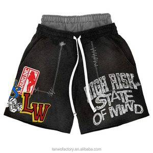 <span class=keywords><strong>Ensemble</strong></span> sweat à capuche zippé délavé et short double taille personnalisé avec broderie, appliqué, strass et impression DTG pour homme - Product Image 3