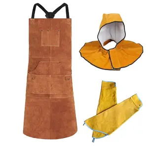 Leather Welding Apron with Welding Sleeves & Welding Hood Heat & Flame Protection Welding Garments