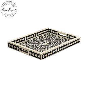 Bandeja de servicio redonda de madera de mango hecha a mano con patrón de hojas de esmalte Plato decorativo elegante para comedor y decoración del hogar - Product Image 5