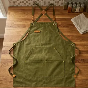 Tablier sans manches en toile vert olive, robuste et réutilisable, avec plusieurs poches, style classique pour la cuisine et l'usage quotidien - Product Image 1
