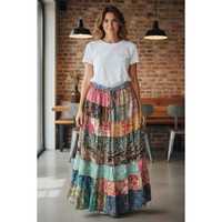 Jupe longue en mousseline de soie vintage indienne pour femme, confortable, élastique, à volants, style bohème, plage, gypsy, hippie