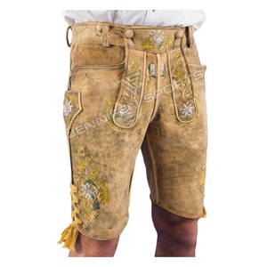 คุณภาพสูงผู้ชาย Lederhosen สั้นหนัง Cowhide ของแท้หนังด้านหน้าปักปุ่มปิดกระเป๋าด้านหน้าด้วยห่วงเข็มขัด - Product Image 1
