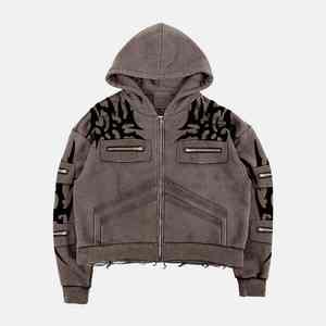 เสื้อมีฮู้ดแนววินเทจของผู้ชายผ้าฝ้าย100% มีซิปมีหลายกระเป๋าสั่งพิมพ์ซิลค์สกรีนโลโก้ได้ตามต้องการสำหรับฤดูใบไม้ร่วงจากโรงงาน2025 - Product Image 5