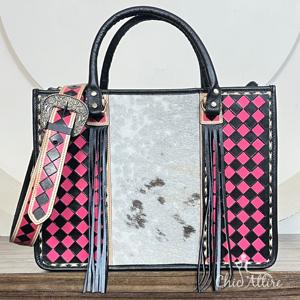 Nouveauté 2025 Sac fourre-tout en cuir de vachette artisanal de créateur avec motif à carreaux rose et noir et franges, sacs à main à bandoulière - Product Image 1