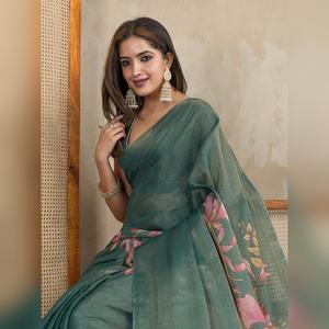 Sari en soie Anmol imprimé floral vert sarcelle de qualité supérieure, disponible uniquement en magasin GG-457, vente flash, motifs floraux uniquement, à placer préféremment - Product Image 6