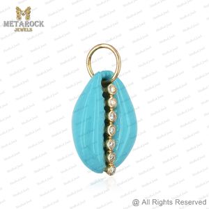 Sólido 14K oro amarillo Enemel Shell colgante Pave diamante Shell joyería Unisex regalo hecho a mano nuevo diseñador colgante cauri Shell - Product Image 2