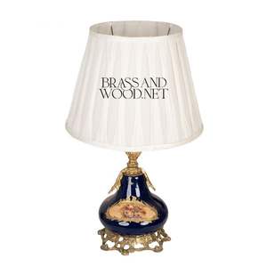 Antique porcelain and brass table <b>lamp</b> with deep blue floral <b>base</b> elegant golden details and fabric shade for timeless luxury - Product Image 2