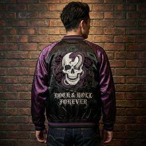 Chaqueta Sukajan Estilo Japonés, Chaqueta Bomber de Satén Bicolor para Hombre, Bordado con Diseño de Calavera, Serpiente y Rosa, Chaqueta Vintage de Recuerdo - Product Image 1