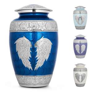 Urna de Cremación Azul con Diseño de Alas de Ángel, Urnas de Cremación para Cenizas de Adultos, Diseño Floral Grabado - Product Image 1