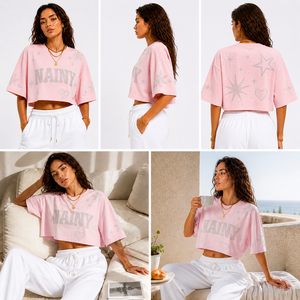 Women Oversized Cropped T Shirt With <b>Rhinestone</b> Embroidery Loose Fit Cotton Streetwear Crop <b>Top</b> Custom Bulk Supplier - Product Image 5