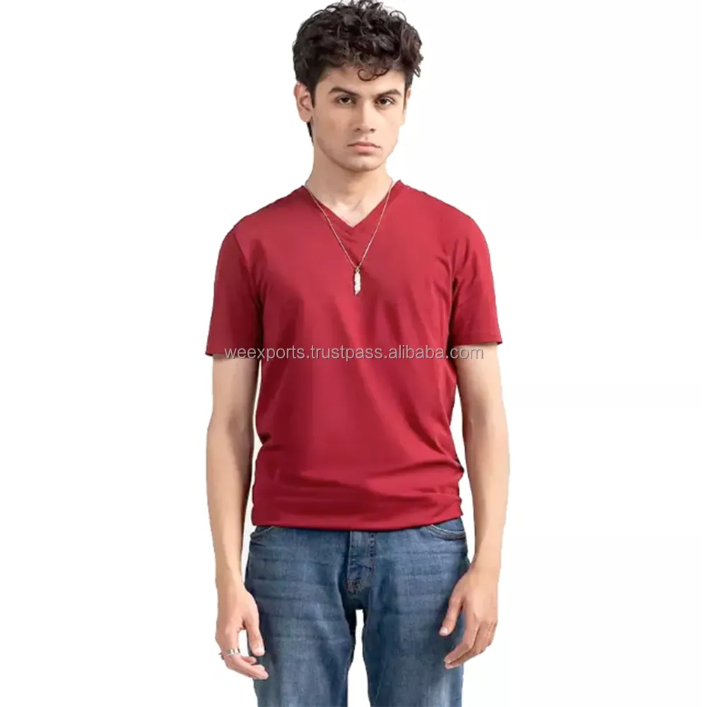 Unique Design And Quality Men V Neck Maroon Color Cotton T Shirts For Sale On Factory Wholesale Rates