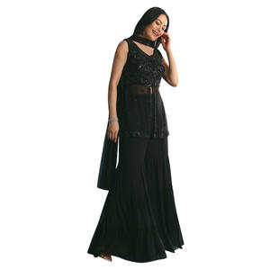 Venta al por mayor negro Georgette Peplum Kurta Sharara conjunto con cuentas lentejuelas para la fiesta de boda desgaste recepción festiva - Product Image 2
