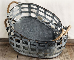 Galvanized Metal Round <b>Basket</b> Washed <b>Basket</b> with <b>Handles</b> - Product Image 3