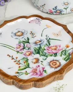Plateau en bois de manguier Oasis ou ensemble de plateau de service en bois de manguier ou plateau de service en bois de manguier Phool Bahar plateau floral décoratif - Product Image 5