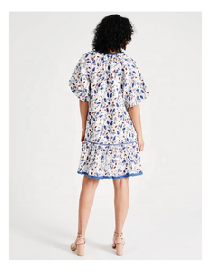Handcrafted Hot Cotton Printed Short Sleeves Regular Fit O-<b>neck</b> <b>Tie</b> up at Neckline All-over Floral Print Outdoor Leisure - Product Image 3