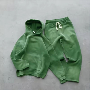 2025 Custom Men's Streetwear Tracksuit Set 2PCS Cotton <b>Flare</b> <b>Sweatpants</b> Hoodie Acid Wash Solid Winter Suitable Sweat Suits - Product Image 4