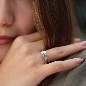10x8mm Oval Cut <b>Moissanite</b> Vintage Engagement <b>Ring</b> with Green Side Stones | White Gold Bridal Jewelry - Product Image 6