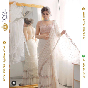 Lanzamiento exclusivo Blissful Party Wear Georgette Ruffle White Sarees Collection Fabricante por Royal Export en Surat Gujarat - Product Image 2