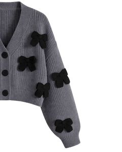Customized Women Dark Grey Cropped Knit <b>Cardigan</b> Sweater <b>With</b> Black Bow Applique V Neck Button Front Cute Winter Fashion Top - Product Image 2