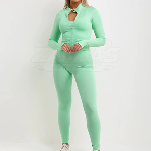 Ensemble de 3 pièces de vêtements de sport de couleur unie, ensembles de fitness personnalisés pour femmes, soutien-gorge à manches longues et leggings - Product Image 2