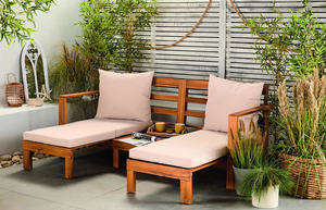 Canapé convertible 3 places extensible en bois d'acacia pour l'extérieur, lit de jour de patio avec coussins beiges, chaise de loisirs moderne - Product Image 5