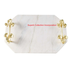 Bandeja de servicio de mármol blanco moderno con elegantes asas de diseño de rosa dorada bandeja de piedra Rectangular decorativa hecha a mano para decoración del hogar - Product Image 6