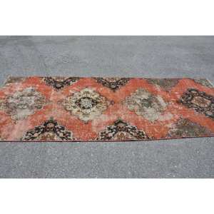 Tapis en laine turque vintage 3.3x9.2 pieds Orange Beige Patchwork Design pour salon couloir grand tapis de tissage pour les adolescents - Product Image 3
